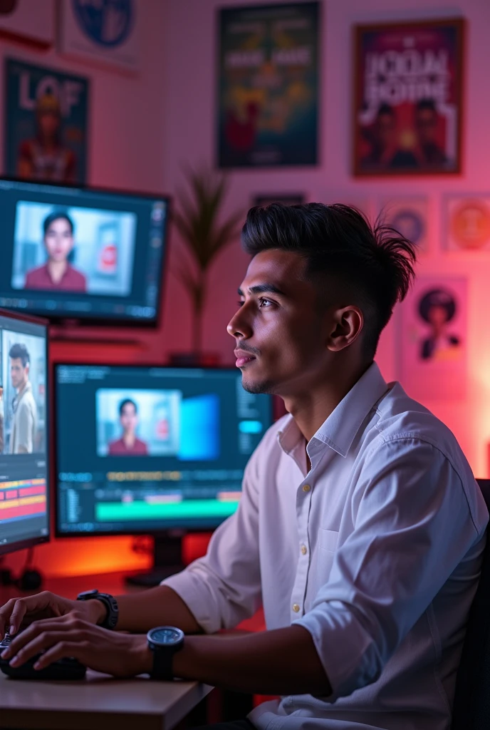 Chocolate color a boy him video editor age between 23. His hair style like iron man, his dressing white shirt