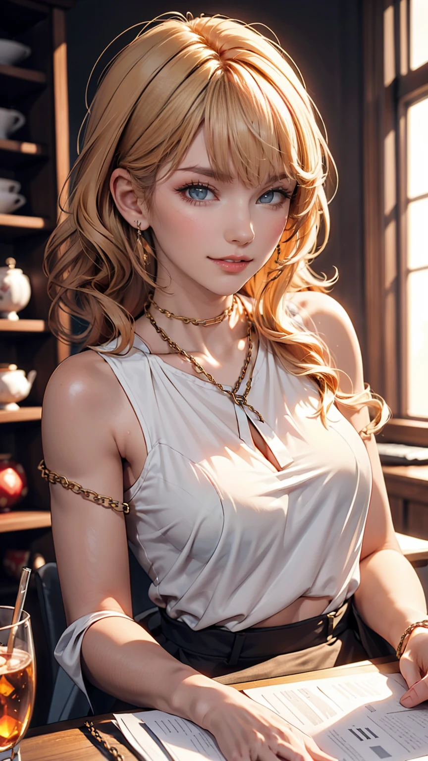 (masterpiece), (Highest quality), Makima with Taylor Swift&#39;s face (chainaw man), Highest quality, Super detailed, One person, alone, Are standing, Redhead, Long braided hair, Golden Eyes, bangs, Medium chest, tie, look, smile, (bad: 1.2), looking at the viewer, (interview: 1.3), (Dark Background, chain: 1.3) Exposing breasts,