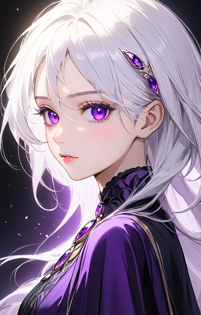 A woman with white hair, amethyst purple eyes, a beautiful face, looking mature, sophisticatedly beautiful and elegant. 
