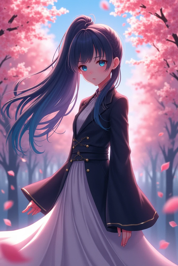 Kamisato Ayaka in Genshin Impact,Black jk,White Silk,Blue Eyes,Looking straight ahead,Skirt swaying in the wind,Wan'er smiled