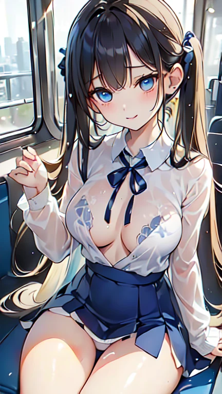 (Highest quality)), ((masterpiece)), (detailed),Natural light pouring in through the window, ((Full body shot 1.5))，Woman sitting with legs apart on train seat 1.7,(((There are many people around her..5))),のBeautiful woman，，A woman smiling with her mouth open，The look of temptation，Very sexy，(((Big Breasts,Wearing a fully white shirt with a collar.4,Big shirt,A navy blue ribbon around the neck,No bra,Wearing a very short navy blue mini skirt.8)))，((Wearing white knee-high socks..2)),
Beautiful woman，Beautiful Face，Big eyes，Beautiful Eyes，Beautiful double eyelids，Beautiful teeth alignment，A beautiful body line with a small face and an 8-head body proportion，Slender body，beautiful and slender limbs,Long and supple hair，Shiny black hair，Twin tail hairstyle,Full body shot 1.4，Embarrassed expression，Blushing with a shy smile，mouth half open，((A woman sitting with her legs spread wide.7)),(((The white panty is very emphasized.,Wet and see-through clothes 1.5))),A pose that gives a good view of the pussy and anus,