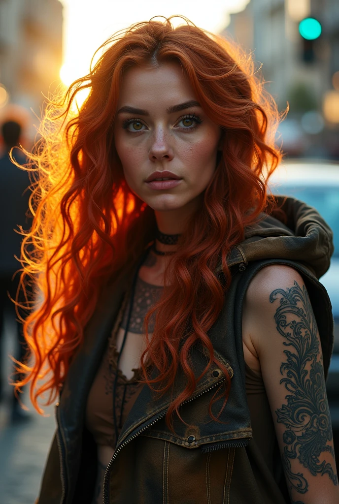She also has hazel eyes. Hair is curly red. She is lit with the bright blue color on one side of her face. Led like. Taziota style. And both hands have the led light too.ull-body woman with a rude appearance, long mesy red hair, in bohemian style clothing, eyes hazel, tattoos in arms,,full body, long legs,A beautiful European red hair woman in istanbul, smile face. Her hazel eyes are big and heavy. Expression of awe and excitement. "A photorealistic portrait of a 35-year-old girl with long, flowing red hair and striking hazel eyest. She should have a natural, approachable expression and be illuminated by soft, golden-hour sunlight. The background should be a scenic istanbul setting. Capture this image with a high-resolution photograph using an 10 mm lens for a flattering perspective."hyper realistic, ultra detailed photograph of a french Do-it-yourself woman, the woman is facing the camera depth of field, HOF, hall of fame, detailed gorgeous face, apocalyptic environment, natural fullbody posture, professional photographer, captured with professional DSLR camera,huge eyelashes, red dress, wearing jeans,A beautiful European red hair woman in istanbul, filled with smoke and distant fire. Her hazel eyes are big and heavy. She wears a winter jacket, partly burned. Expression of awe and excitement. "A photorealistic portrait of a 35-year-old girl with long, flowing red hair and striking hazel eyest. modern human presence in southeast Europe l, in the style of photorealistic portraiture