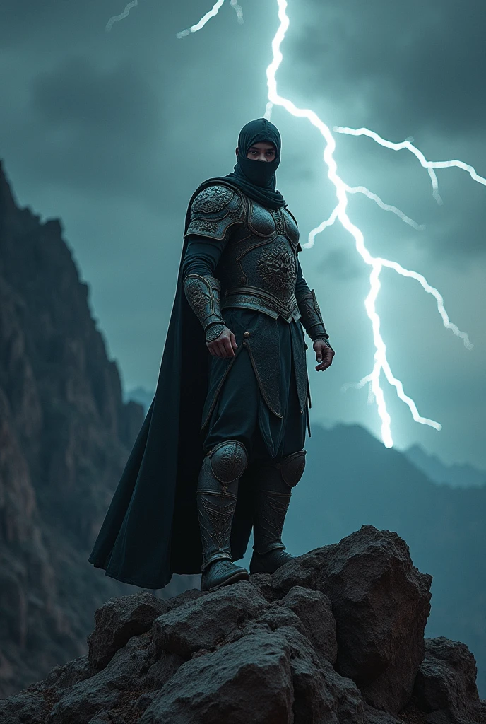 Generate an Islamic warrior with aesthetic looks and masculine body. Standing on mountain and a beautiful scenery
Face must be covered. Weather must be stormy and black clouds on the sky