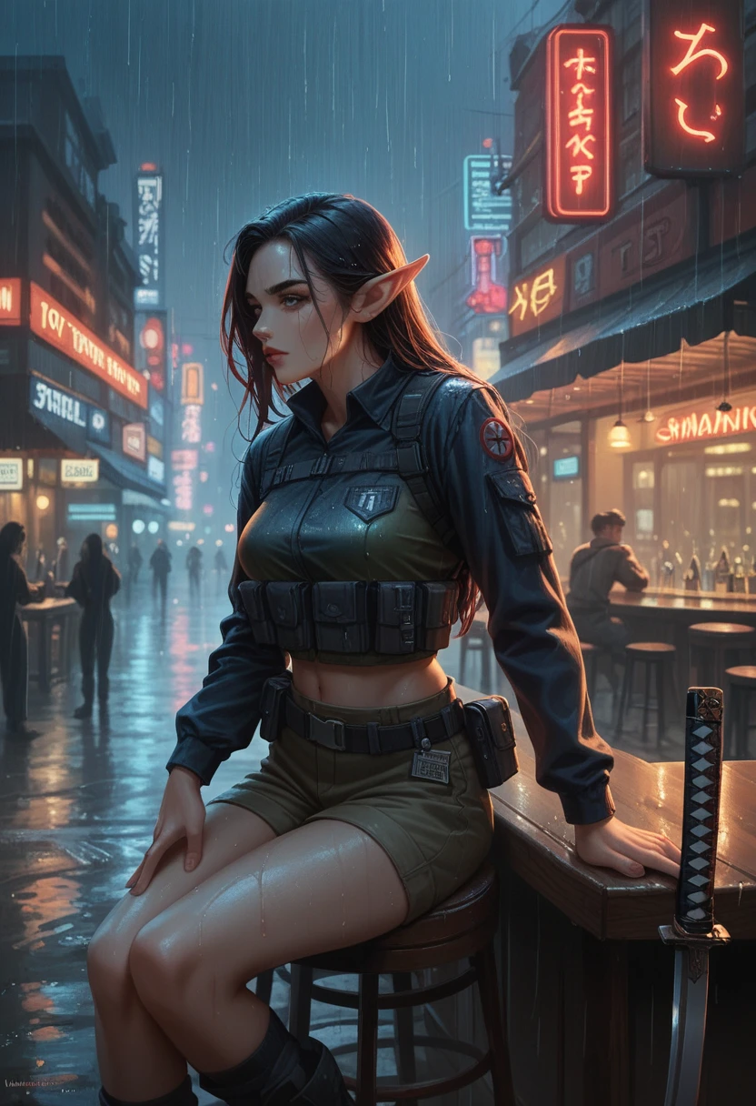 Female Elf. Unbelievably pretty, Shadowrun. Tactical clothing, katana and pistol. runner, big tits, sitting in a bar. neonlights, nighttime, city, rainy