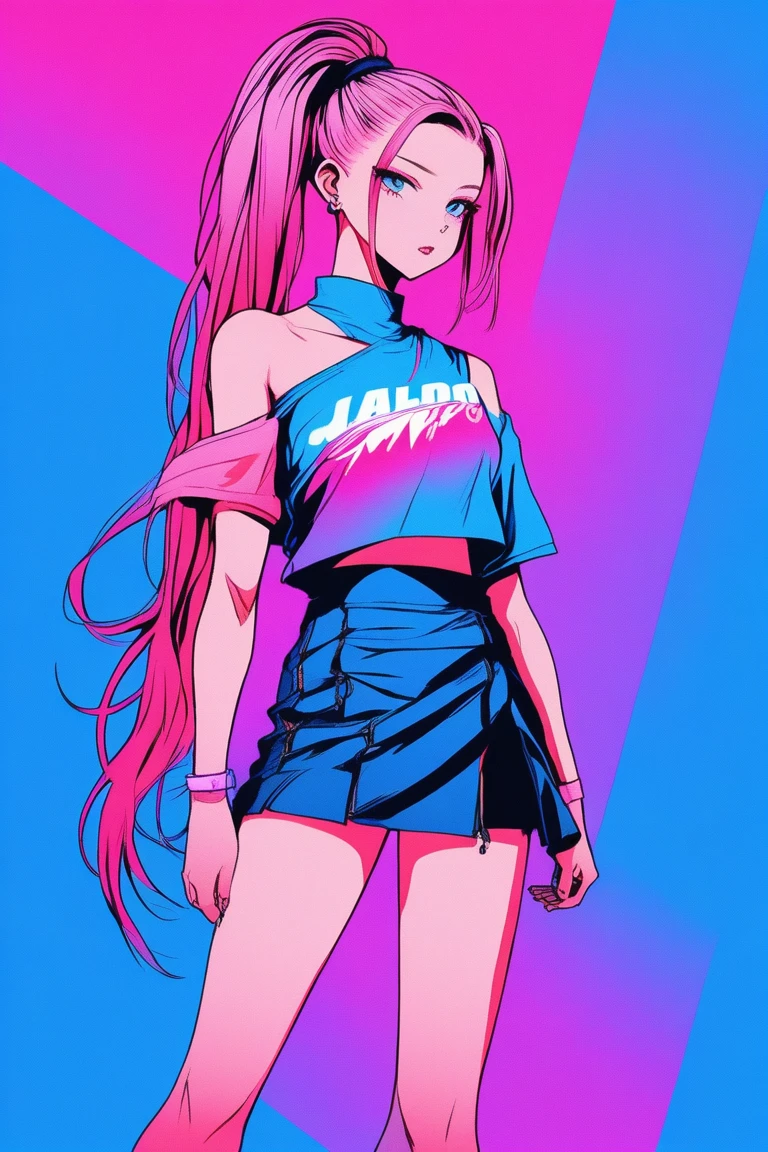 Illustrator, anime , Realistic ,sketch , 1 person, ,lip, One-shoulder tight T-shirt, Baldo skirt, whole body, order, Blue and pink gradient background, Neon colored long ponytail hair, Texture Trim, Canadian, (masterpiece,Highest quality) 