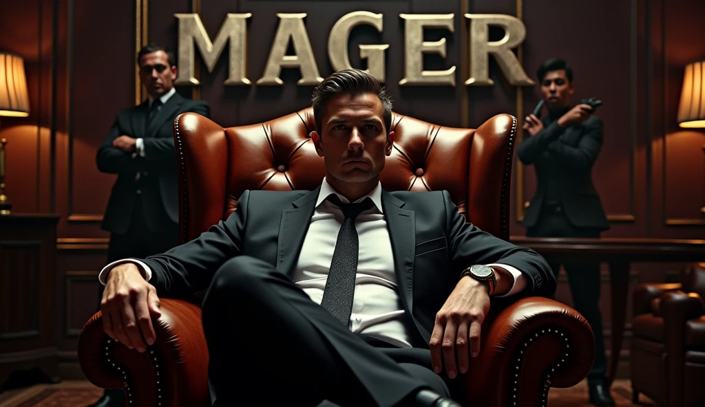 create a movie poster , a young and strong man mafia boss sitting in center on boss chair ,gunman standing behind , action movie poster, hyper details 