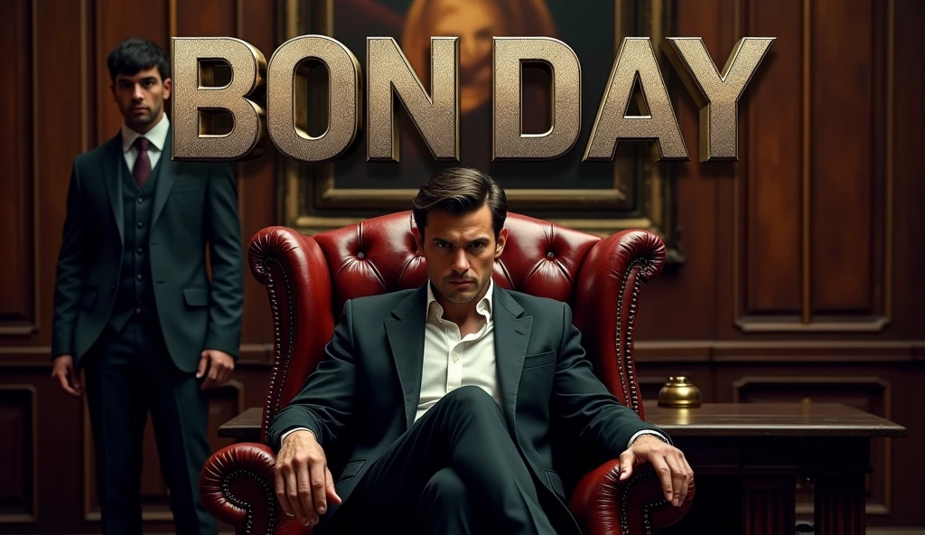 Create a realistic image where a woman wearing white luxury suit like a boss and sitting on a queen size chair like boss with crown 👑, she's holding a 🍷 wine glass in her hand, there is smoke in background a shadow. In background the name "Bebo" bold and glowing is showing in bold reflection in shadows.