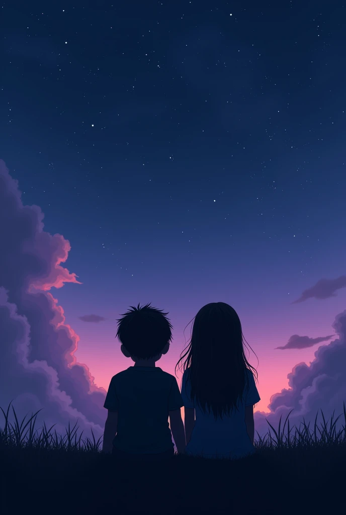 Sad boy and girl, black figure, sky background, sitting,  facing each other back