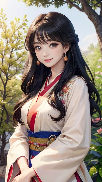 ( High resolution、masterpiece、Highest quality、High resolution、8k、 Super detailed)、 Young beautiful woman、Beautiful Face、Beautiful Face、Pretty lips、Ample breasts、Tea-black Maruge Hairstyle、Smiling Eyes、Hanfu、Cowboy Shot、background、Fantasy World、Immortal Realm、palace、Peach Tree、Detailed CG、