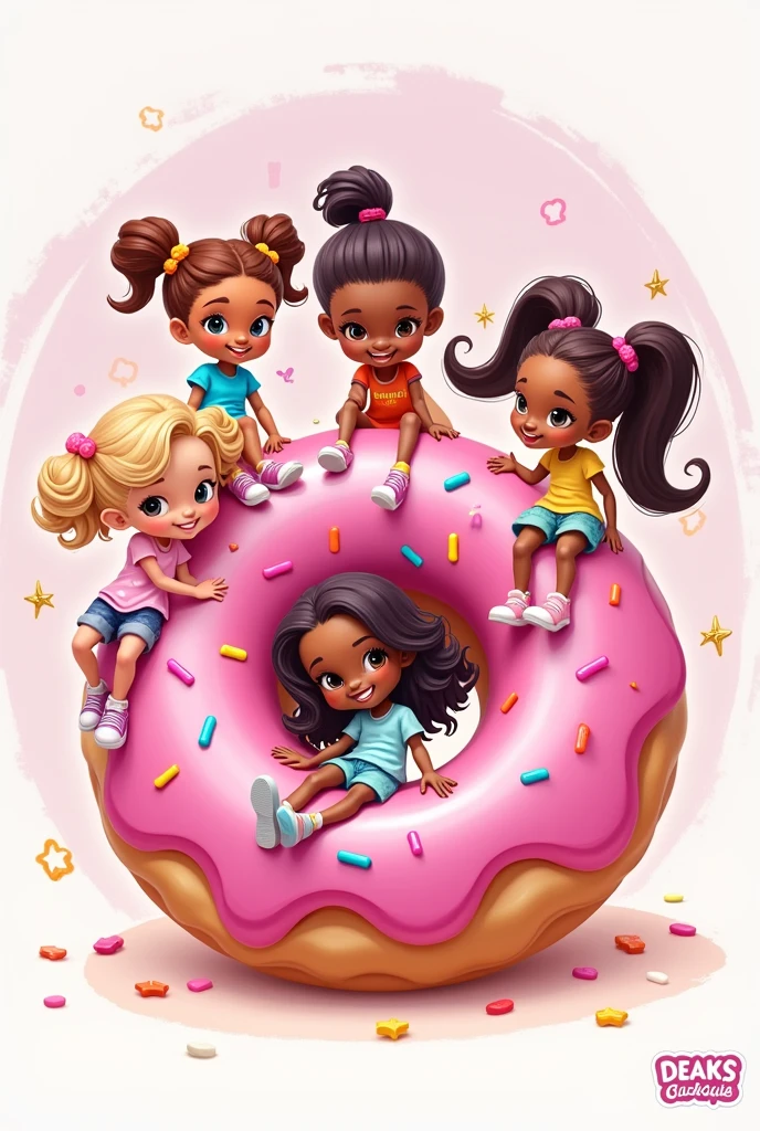 Simple aesthetic logo  ''DEAKS Donut Dazzle'' with donut design with 5 girl cute with name, daphnie, Ehvann, angelica, kc, sweeth 