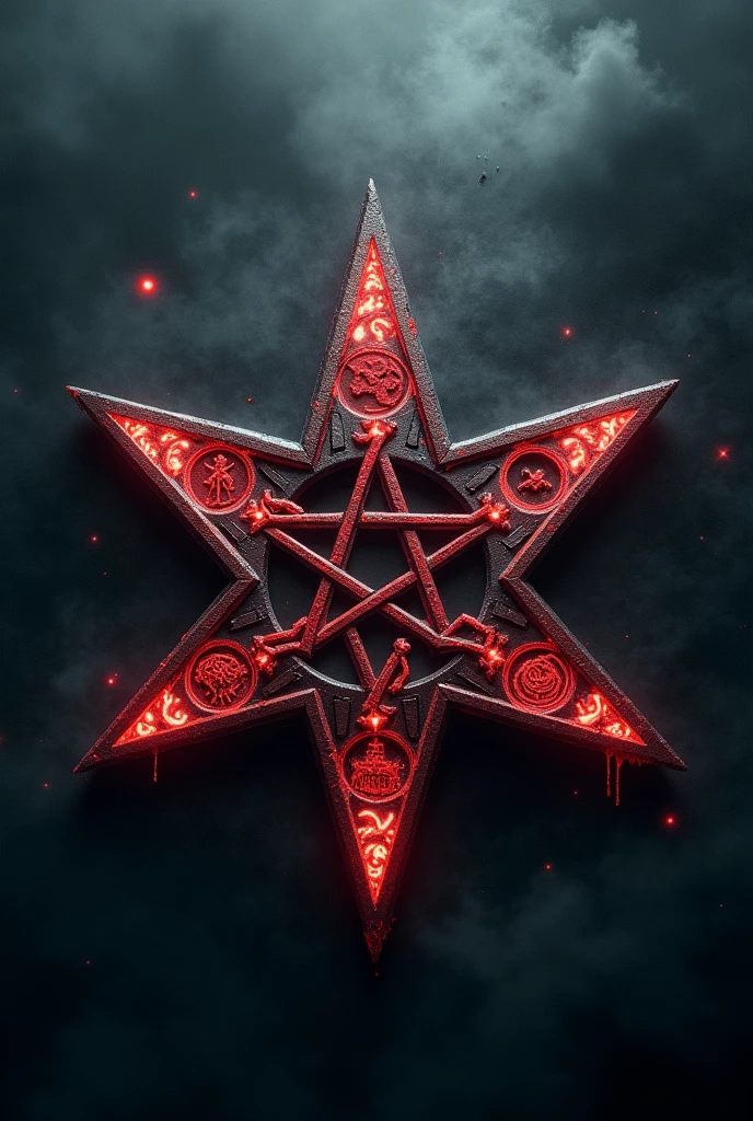 Image of a ten-sided pentagram with mysterious runes on each side representing something specific: darkness, craziness, CURSE, Mutation, corruption, fear, Over, agony, BLOOD AND DEATH
