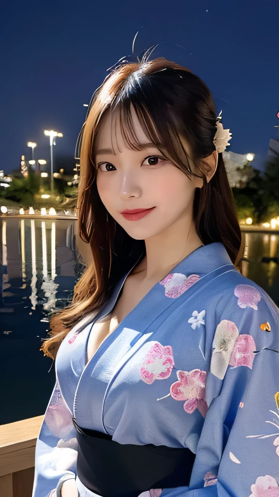 original, (masterpiece), (figure), (Beautiful and vivid background:1.25), (Depth of written boundary:0.7), Highest quality, shape, Very detailed, High resolution, 8k wallpaper, Perfect dynamic composition, Ultra detailed face, Natural Lip , Cleavage, (The eyelashes on both eyes are equal and beautiful.), (looking at the camera), (smile), (night, Fireworks venue), (Cute Yukata, yukata), Japanese style, whole body
