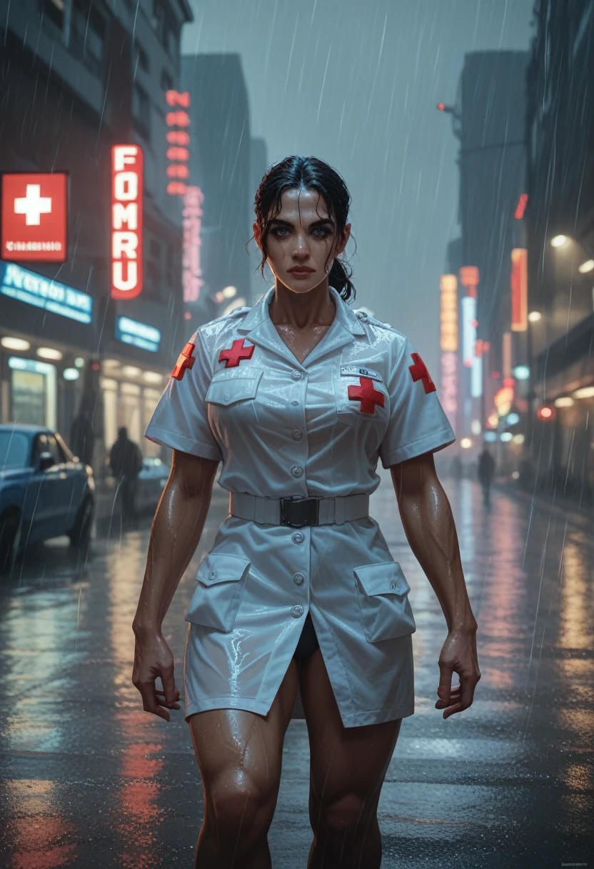 female troll. paramedic, medic. muscular, hauer. Shadowrun. neonlights, nighttime, city, rainy