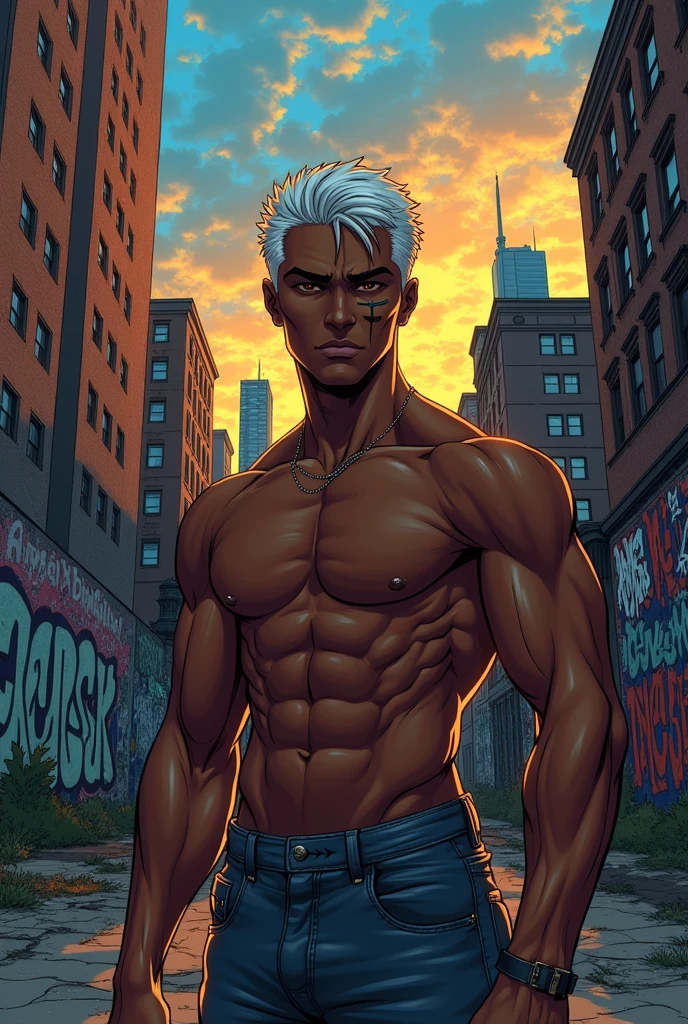 “manga/manhwa” + “black skin” + “guy” + “scar on face” + “short white hair” + “attractive” + “shirtless” + “well-build”