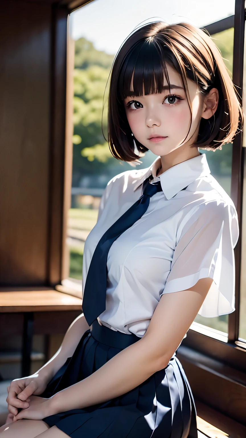 (Tabletop, Highest quality:1.2), 8k, 18-year-old, 85mm, Official Art, RAW Photos, Absurd, White dress shirt, Cute Face, close, Upper Body, Viola Lace, Gardenia, beautiful girl, , (Navy Pleated Skirt:1.1), Squeeze the waist, Thighs, Short sleeve, classroom, ponytail、short hair、short hair、sit on bench seat, Looking at the audience, No makeup, (smile:0.4), Film Grain, chromatic aberration, Sharp focus, Face Light, Bright lighting, Teen, Detailed face, Background Blur, (Dark red tie:1.1)、日本の学校のclassroom、classroom
