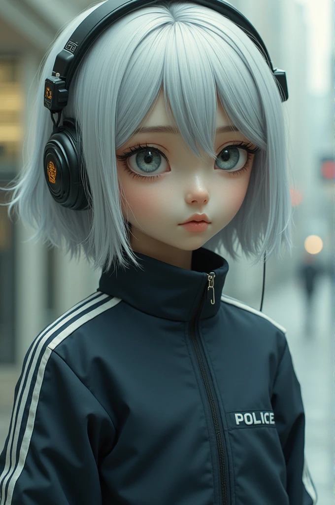 A tall, slender girl with clear grey eyes and a detached look on her face. She had strange, silver-white hair that was cut short and neatly parted to the side. She was dressed in a police-issued tracksuit and had no personal belongings with her. On her head, there was a pair of old-fashioned headphones.