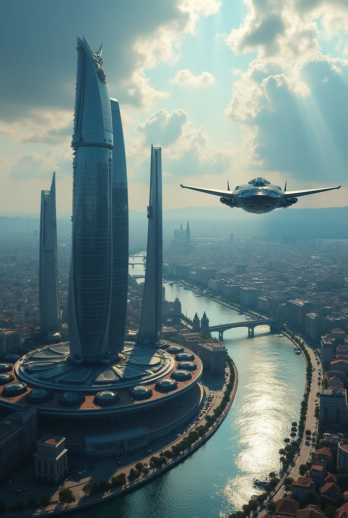 Future Budapest city with signature buildings seen from an airplane:1.5,thunder:1.4,port,flying spaceship,skyscraper,master piece,highest quality,ultra high resolution,(Super detailed:1.2),8K,photorealistic,best aesthetic,beautiful