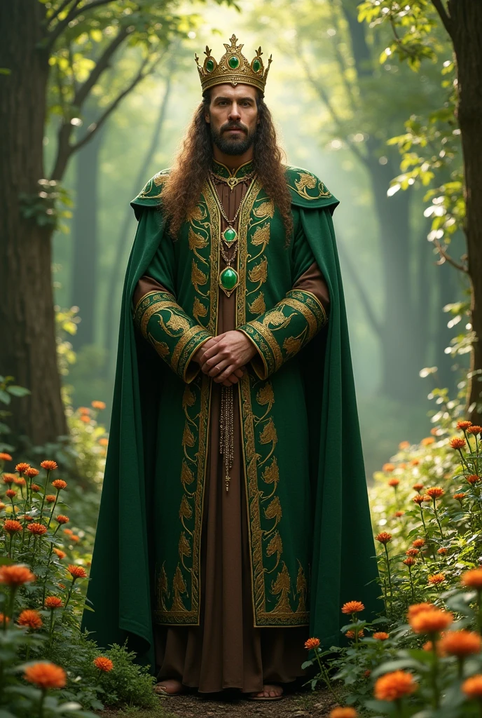 A king wearing green and brown clothes