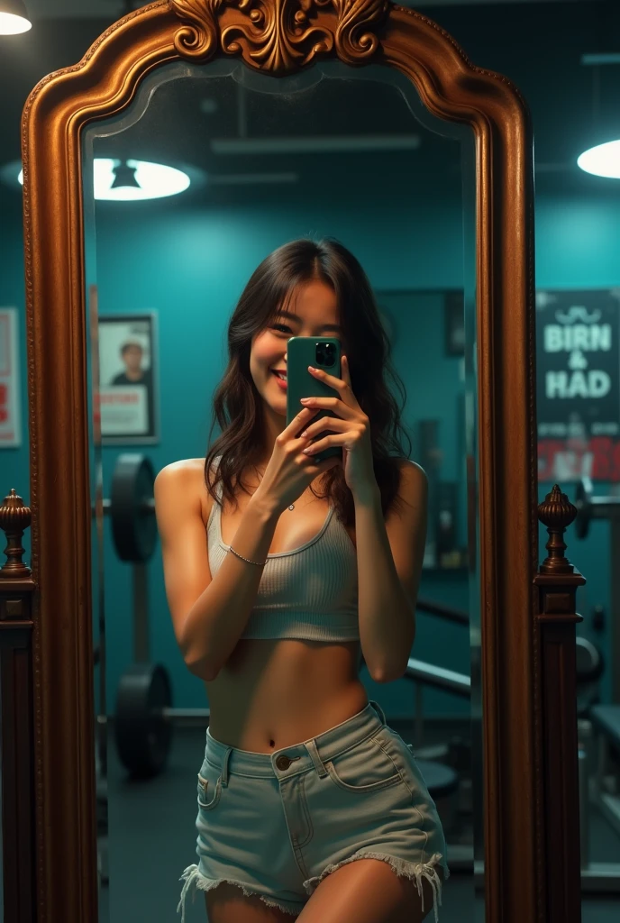 A Japanese woman taking a selfie in front of a full-length mirror。A fluffy one-piece summer outfit。The background is the training room at night.。