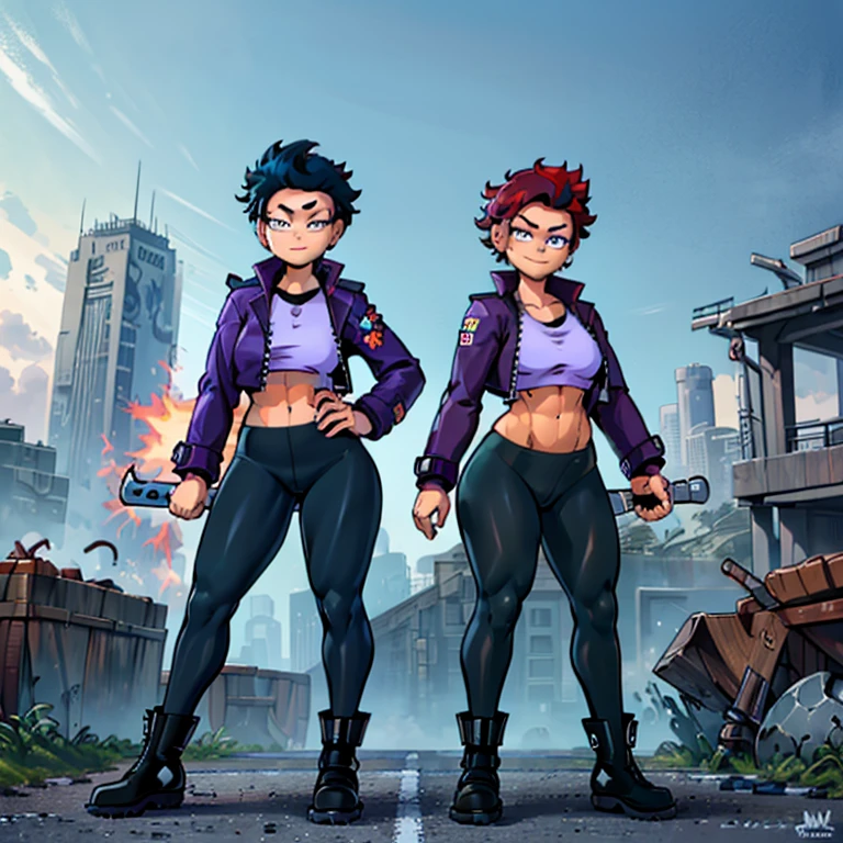 (((My Hero Academia Style))), (((Bibi))), (((Brawl Stars))), (((1girl))), (((female))), (((punk Girl))), (((punk))), (((Wide hips))), (((wide thighs))), (((medium breasts))), (((blue spiked leather jacket))), (((blue leather jacket))), (( (leather jacket with spikes))), (((lilac top tank))), (((top tank))), (((Abs))), (((exposed abdomen))), (((marked abdomen))), (((tight leggings black))), (((tight leggings))), (((black leggings))), (((baseball bat))), (((Holding a baseball bat))), (((holding a bat))), (((shark smile))), (((lilac eyes))), (((evil smile))), (((Black calf-high combat boots))), (((calf-high boots))), (((black calf-high boots))), (((combat boots))), (((combat boots black))), (((black boots))), (((calf-high combat boots))), (((hair black))), (((pompadour hairstyle))), (((black hair pompadour hairstyle))), (((perfect anatomy))), (((perfect hands))), (((super detailed))), ( ((full body photo:1.5))), (((cowboy shot:1.5))),