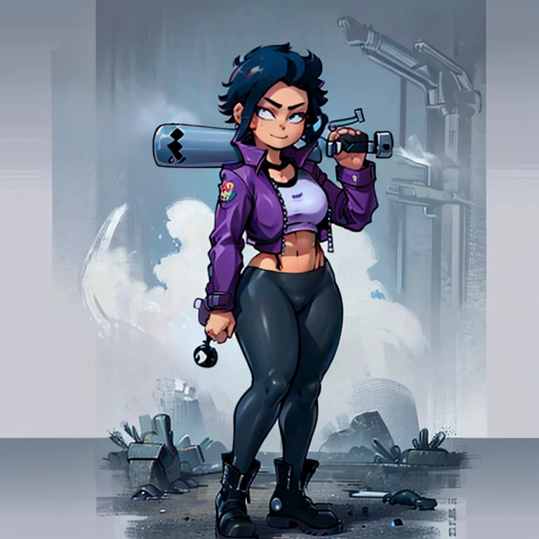 (((My Hero Academia Style))), (((Bibi))), (((Brawl Stars))), (((1girl))), (((female))), (((punk Girl))), (((punk))), (((Wide hips))), (((wide thighs))), (((medium breasts))), (((blue spiked leather jacket))), (((blue leather jacket))), (( (leather jacket with spikes))), (((lilac top tank))), (((top tank))), (((Abs))), (((exposed abdomen))), (((marked abdomen))), (((tight leggings black))), (((tight leggings))), (((black leggings))), (((baseball bat))), (((Holding a baseball bat))), (((holding a bat))), (((shark smile))), (((lilac eyes))), (((evil smile))), (((Black calf-high combat boots))), (((calf-high boots))), (((black calf-high boots))), (((combat boots))), (((combat boots black))), (((black boots))), (((calf-high combat boots))), (((hair black))), (((pompadour hairstyle))), (((black hair pompadour hairstyle))), (((perfect anatomy))), (((perfect hands))), (((super detailed))), ( ((full body photo:1.5))), (((cowboy shot:1.5))),