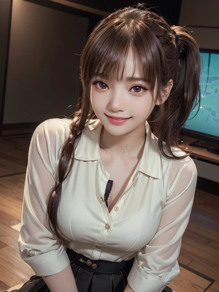(8k, RAW Photos, Highest quality, masterpiece:1.2), (Realistic, photo-Realistic:1.4), (extremely detailed 8k wallpaper), ((Full Body Shot)), (((1 girl))), Sharp focus, Cinema Lighting, Soft Light, (Delicate and beautiful eyes, Very beautiful 25 year old girl, innocent big 目s, photo Realistic, Very detailed cute, (Model body type), Background television station、Television Studio、The audience is watching、announcer、shirt、blouse、Jacket、Office Casual、skirt、pumps、Weather girl、(Brown Hair), (ponytail), (Asymmetrical bangs), ((smile)), Glowing Skin, Ultra-Dense Skin 、Facial beauty with attention to detail, Side Shot、Sparkle Effect,