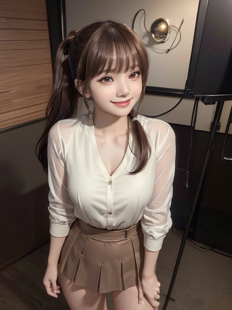 (8k, RAW Photos, Highest quality, masterpiece:1.2), (Realistic, photo-Realistic:1.4), (extremely detailed 8k wallpaper), ((Full Body Shot)), (((1 girl))), Sharp focus, Cinema Lighting, Soft Light, (Delicate and beautiful eyes, Very beautiful 25 year old girl, innocent big 目s, photo Realistic, Very detailed cute, (Model body type), Background television station、Television Studio、The audience is watching、announcer、shirt、blouse、Jacket、Office Casual、skirt、pumps、Weather girl、(Brown Hair), (ponytail), (Asymmetrical bangs), ((smile)), Glowing Skin, Ultra-Dense Skin 、Facial beauty with attention to detail, Side Shot、Sparkle Effect,