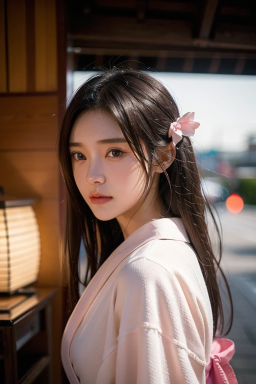 （20 year old beautiful girl）,solo, masterpiece, High resolution, High detail, Highest quality, Very detailed, Ultra high definition, Textured skin, , Cinematic light effects, （（realism））, （（Surrealism））,8k octane, Portrait Photography, Black Hair,pink yukata,Side Up, Festivals,Stall ribbon, Aperture value F1.8, Daylight