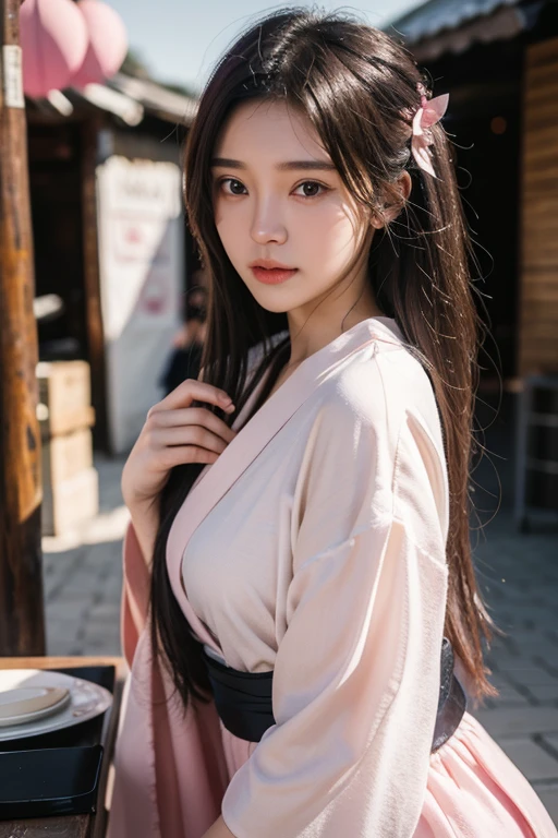 （20 year old beautiful girl）,solo, masterpiece, High resolution, High detail, Highest quality, Very detailed, Ultra high definition, Textured skin, , Cinematic light effects, （（realism））, （（Surrealism））,8k octane, Portrait Photography, Black Hair,pink yukata,Side Up, Festivals,Stall ribbon, Aperture value F1.8, Daylight