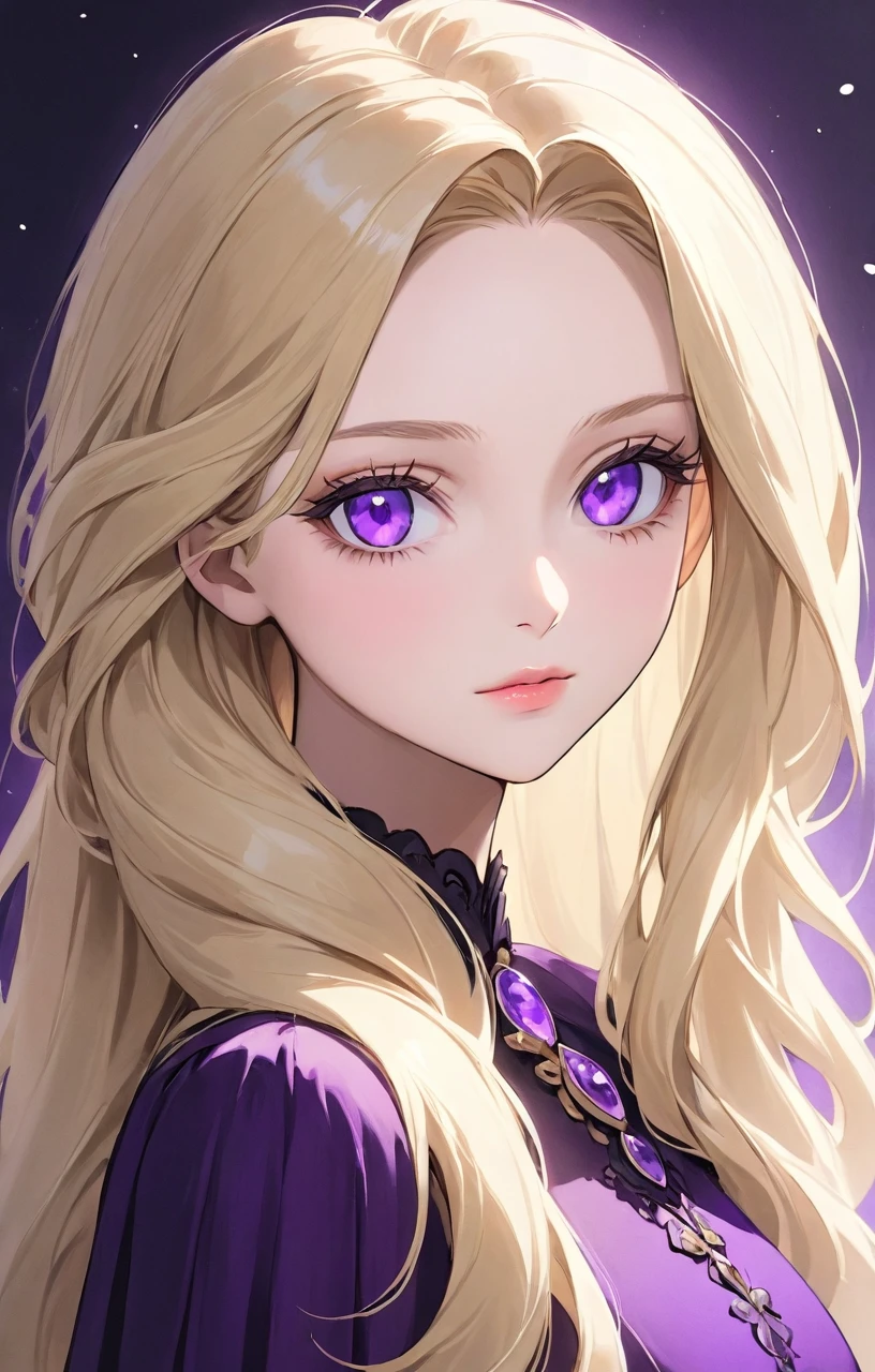 A woman with long blonde hair, amethyst purple eyes, a beautiful face that looks mature, sophisticated, elegant and graceful.