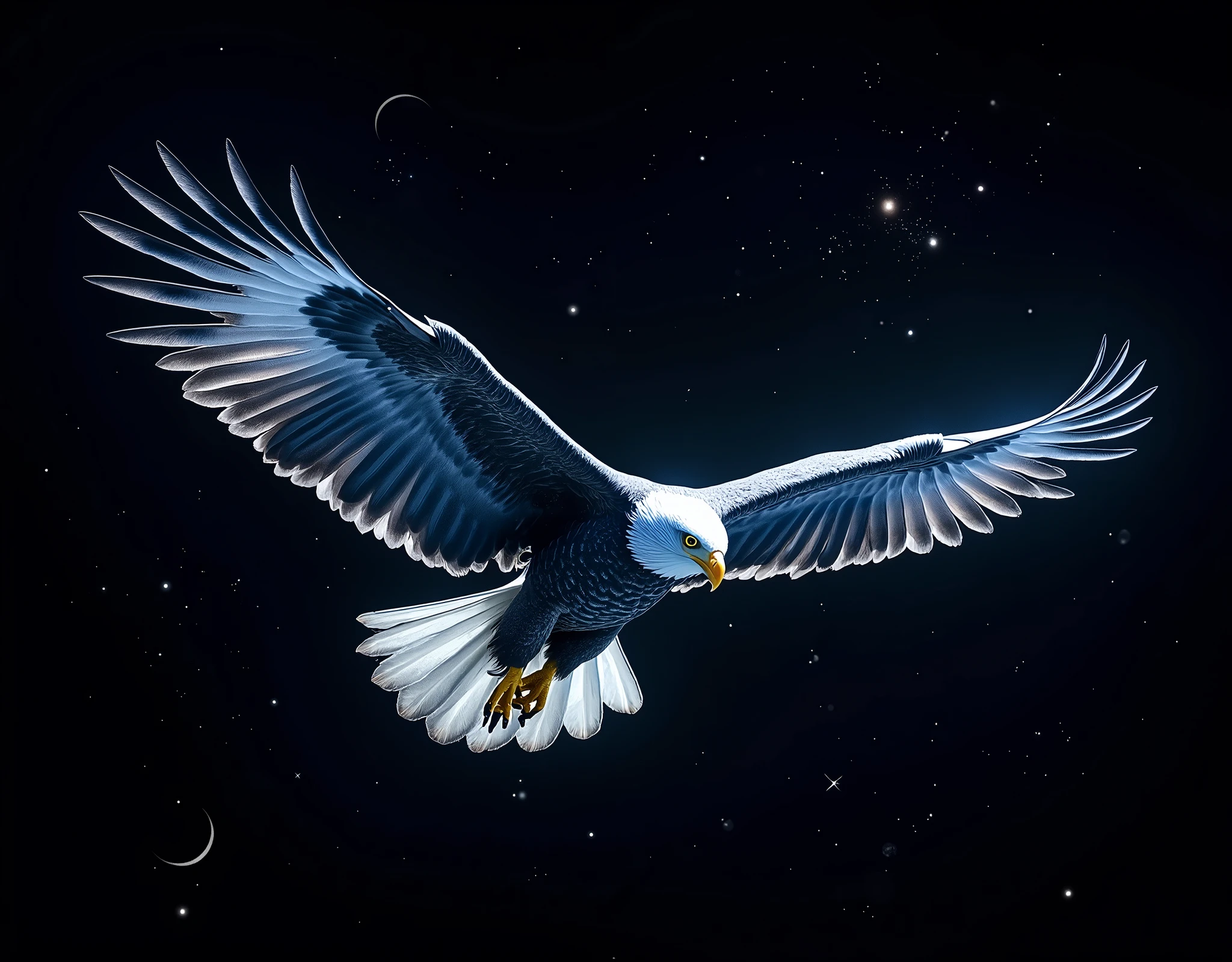 The image features a bird, specifically an eagle, in flight against a dark background speckled with stars and other celestial motifs. The eagle is depicted with its wings spread wide, showcasing its impressive wingspan and feather details. Its head is turned to the side, giving a sense of motion as if it's gliding through the sky. The bird's body is colored in shades of gray, contrasting sharply with the black background, while its wings are adorned with hues of blue and white. The overall style of the image suggests an artistic or symbolic representation rather than a realistic portrayal.