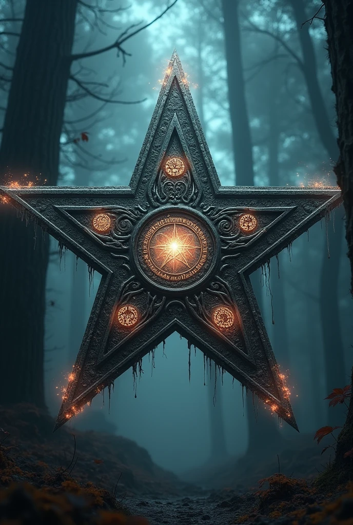 Image of a ten-pointed pentagram with mysterious RUNES on each side representing something specific: darkness, craziness, CURSE, Mutation, corruption, fear, Over, agony, BLOOD AND DEATH