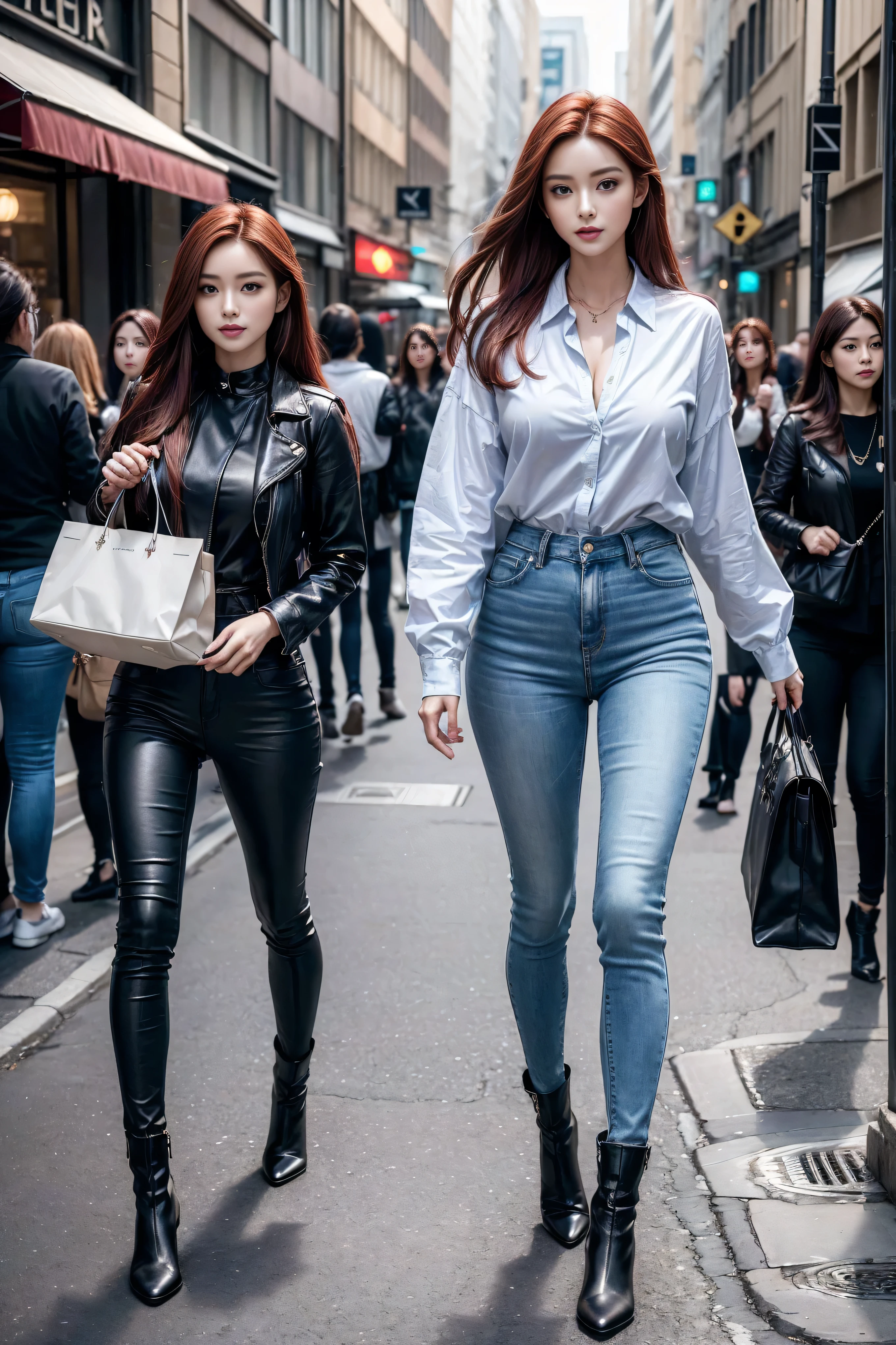 ((Realistic lighting, best quality, 8K, masterpiece:1.3)), Lock focus:1.2, 2 girls, Beautiful Women in Perfect Shape:1.4, : Beautiful Korean girl, Korean Idol，Leg length，(Pale skin), (big eyes),（Smile：0.8），（Plump and sexy lips）， Complex and detailed face, ((Super delicate skin))，Delicate face，Super thin face，Squinting，Double eyelids，((Dark red hair)), (Open collar shirt）,Background Shibuya street，Large depth of field，Super thin face，Squinting，Double eyelids，（Start from below：1.attitude，（Medium chest：1.2），Sexy long legs， （Thigh gap：1.5），Wide hips，S-Shaped Body， Hip lift，Leg length，Light blue skinny jeans，Full body proportions from the front，Long over-the-knee leather boots，
