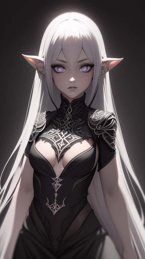 A dark elf girl, intricate elven facial features, piercing eyes, pointed ears, mystical aura, dark flowing hair, ornate elven attire, detailed fantasy character, dramatic lighting, dramatic shadows, cinematic composition, digital painting, muted color palette, dark and moody atmosphere, high detail, photorealistic, 8k, masterpiece
