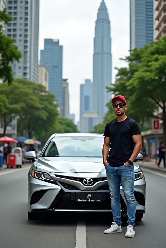(photorealism:1.2), handsome and tough young malay man wearing glasses, wearing red cap black tshirt and blue jeans, photo with silver toyota camry beside road, in Kuala Lumpur Malaysia, detailed photo, high resolution photo, portrait photo, epic realism