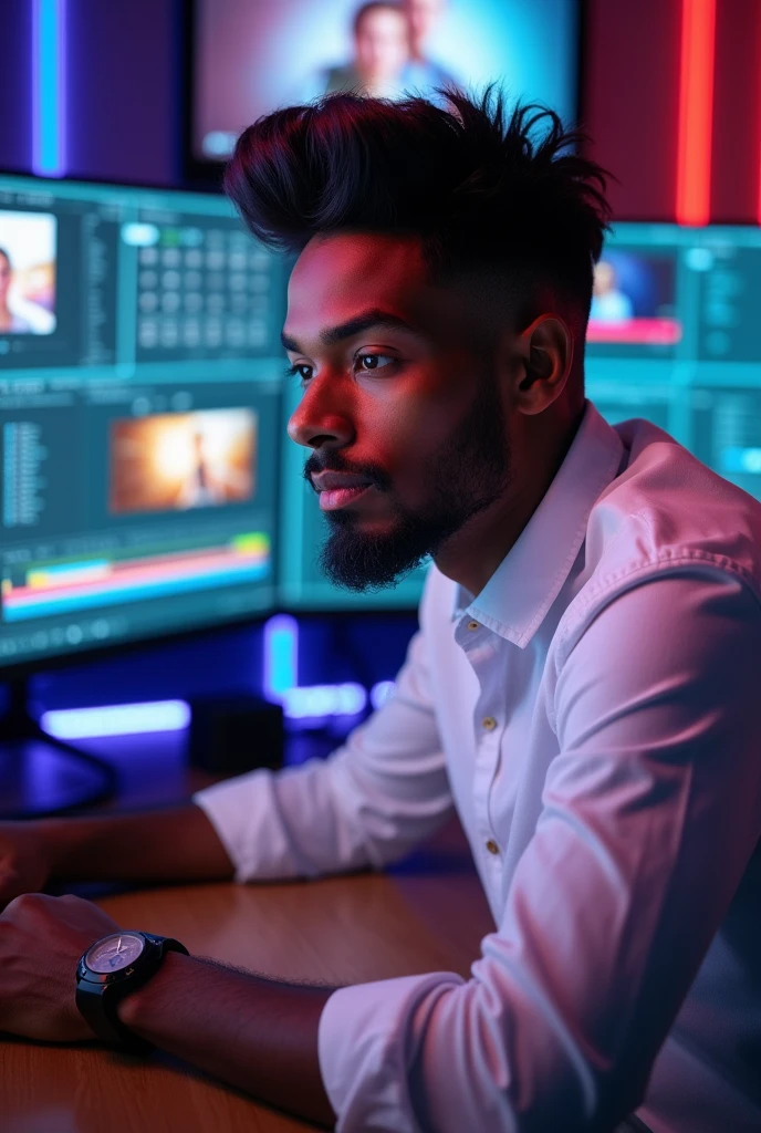 Chocolate color a boy him video editor age between 23. His hair style like iron man, his dressing white shirt,his beard medium drummer