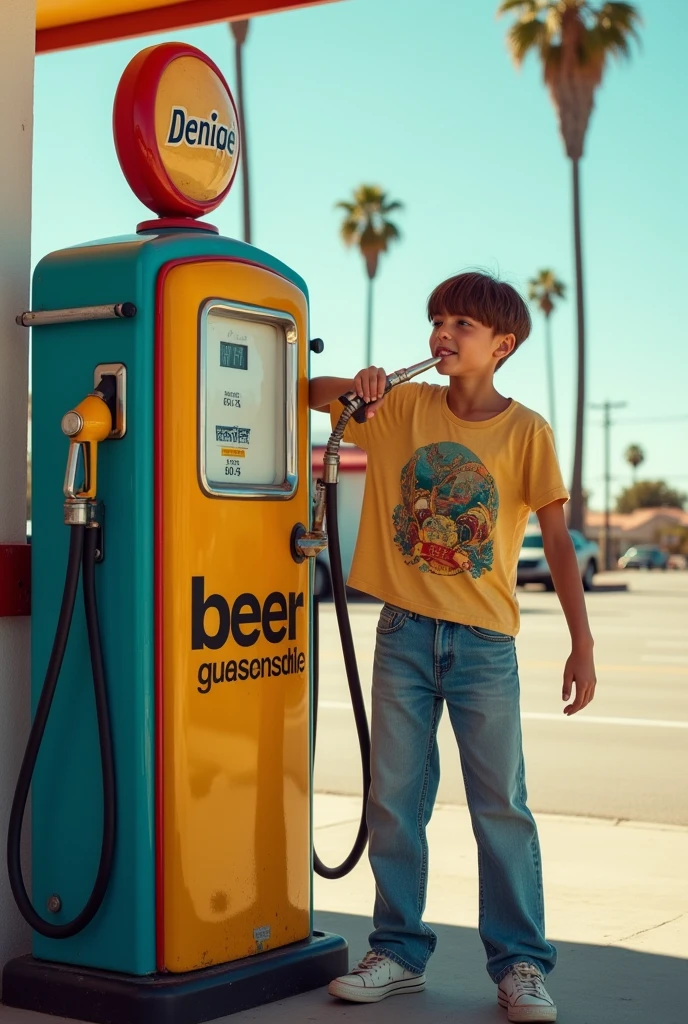 I would like a sketch, where you can see a gas pump at a gas station on which the word “beer” is written. A boy with baggy jeans and a t-shirt and a center parting stands next to it and holds the hose of the gas pump and pours the liquid into himself, that comes out, in his mouth