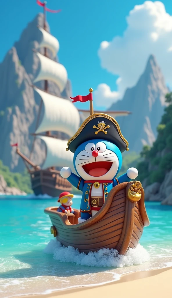 An image of Captain Doraemon wearing a pirate outfit on the sea . Doraemon stands on a small ship docked near the white sand beach, There's a big ship in the back,Behind is a sharp 3d 4k mountain