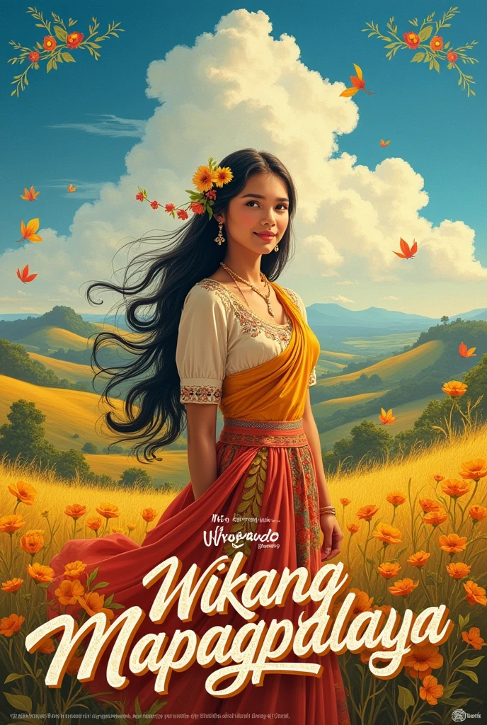 Poster with the theme of Filipino : Wikang Mapagpalaya and the color scheme is from Fernando Amorsolo