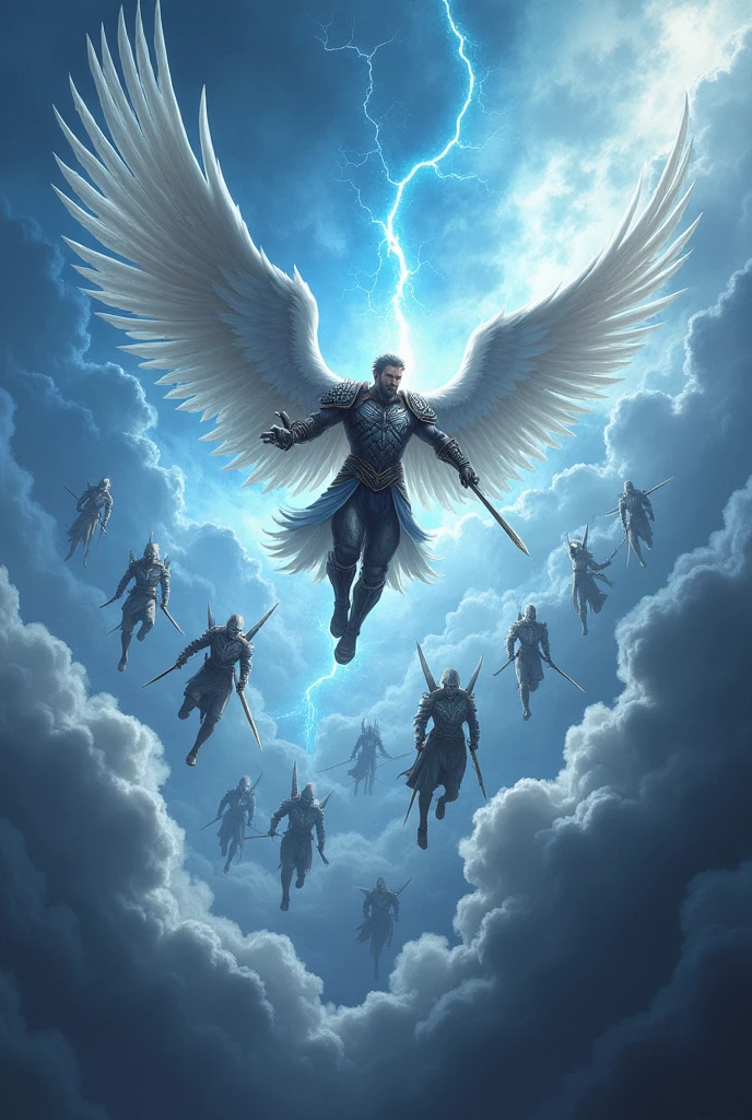 Cartoon of energetic muscular warrior with long white wings at center of image, cutting the clouds with his sword and flying higher above the clouds, wearing an heavy armor , fighting with 10 other warriors like him ,flying from bottom to the top, surrounded buy circular blue and white electricity, full body and wings visible at the center of image,background is blue with stormy clouds at the top and bottom.