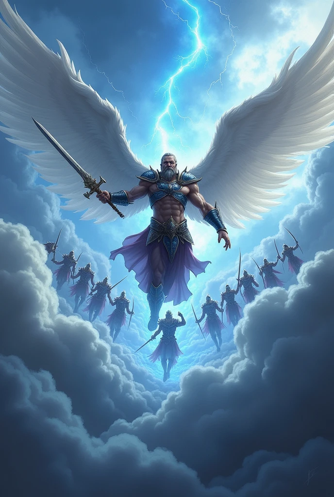 Cartoon of energetic muscular warrior with long white wings at center of image, cutting the clouds with his sword and flying higher above the clouds, wearing an heavy armor , fighting with 10 other warriors like him ,flying from bottom to the top, surrounded buy circular blue and white electricity, full body and wings visible at the center of image,background is blue with stormy clouds at the top and bottom.