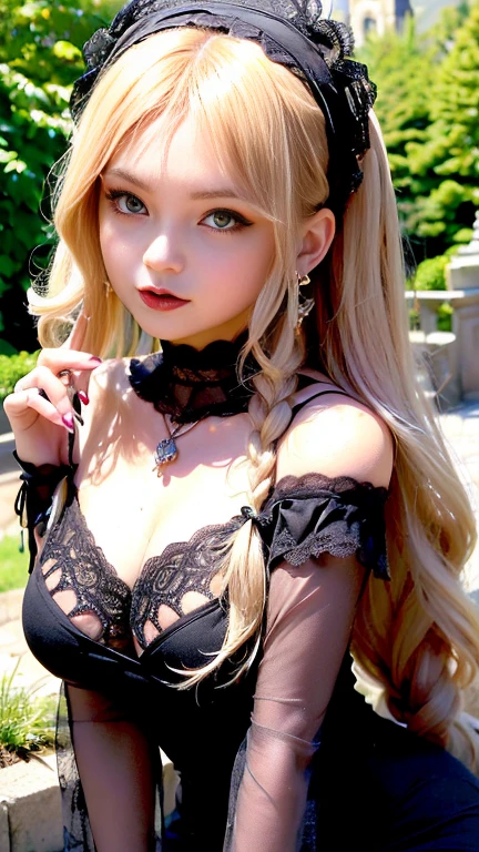 (((Gothic Fashion:1.3)),(((Lace off-the-shoulder dress))),(((Outfit with intricate lace detailing))),(Accentuate larger breasts:1.3),(European castle background:1.3),Cinderella Castle,(Flowerbed with colorful flowers blooming in the garden),(Squat:1.3),Cute and beautiful,Cute round face,Cute Smile,blush,Bold Lipstick,(Silvery white hair,Floral knit headband,Half Up、Voluminous fishtail braid,Twisted pan,),(The bangs are see-through),hairpin,hair ornaments,Detailed clothing features,Detailed hair features,Detailed facial features,(Dynamic Angle),(Dynamic and sexy pose),Professional Lighting,Cinematic Light,(Highest quality,Ultra-high resolution output images, Written boundary depth,) ,(32k quality,Written boundary depth,Anatomically correct facial structure,),(SeaArt 2 Mode:1.3),(Picture Mode Ultra HD,)