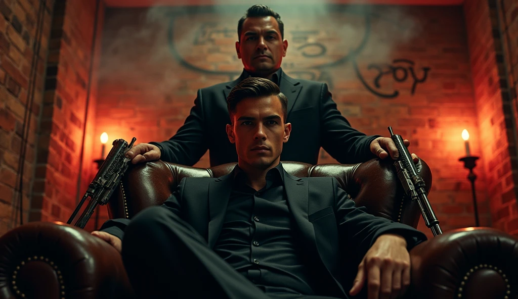 create a movie poster , a young and strong man mafia boss sitting in center on boss chair ,gunman standing behind , action movie poster, hyper details