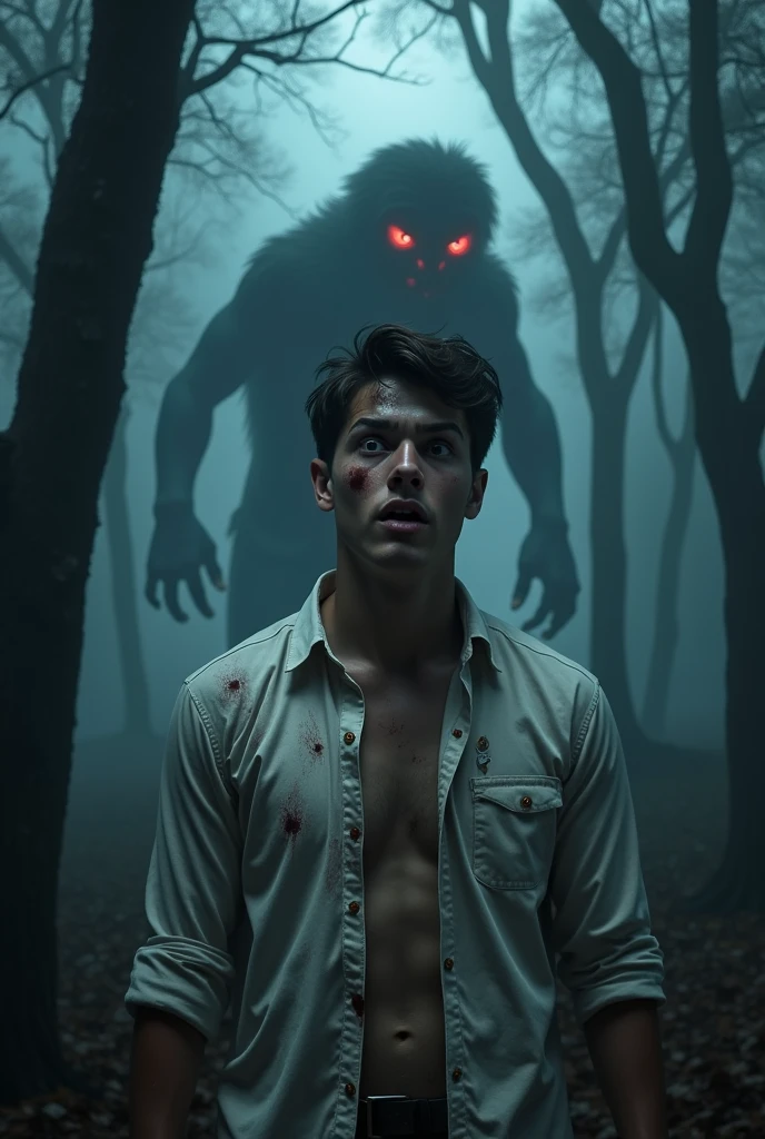 A chilling horror book cover, set against a backdrop of a dark, misty forest at night, features a terrified young man in the foreground. His face is pale and sweaty, illuminated by a harsh, cold light that casts eerie shadows. The man stares directly at the viewer with wide, fear-filled eyes, their whites showing in contrast to the deep, haunting black of his irises. He's wearing a tattered, blood-stained white shirt, the fabric clinging to his trembling frame.

Looming behind him is a nightmarish monster, partially obscured by the shadows. The creature has multiple glowing red eyes, their intensity matching the man