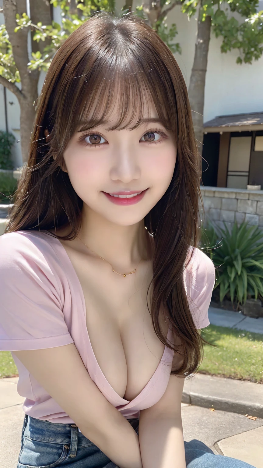 Ultra-realistic), (An illustration), (High resolution), (8k), (Very detailed), (最高のAn illustration),(Raw photo, Best Quality), (Realism, Photorealistic:1.4), Mastepiece, Very delicate and beautiful, Extremely detailed, 2k wallpaper, amazing, Fine details, Very detailedなCGユニティ8kの壁紙, Super detailed, High resolution, Beautiful detailed girl, Very detailedな目と顔, Beautiful detailed nose, Beautiful detailed eyes,Cinematic Lighting,Perfect Anatomy,Perfect promotion,(A shy smile, Beautiful Face), ((Perfect Legs, Perfect legs, Perfect hands, Perfect hands指, Perfect Arms, A shy smile, The mouth is perfect)), Looking straight at the camera, Bangs and ear bangs、necklace、 (((Cute Japanese girl wearing denim pants)))、 (((A beautiful 20-year-old Japanese girl wearing a pink T-shirt))), (((H cup big breasts)))、(((Bursting Busty!!!!!!!!!))) (((Huge boobs!!!!)))、((Huge breasts))、(((Attractive big breasts!!!!!!))), ((((Full body writing)))), (((((Long Hair))))), ((Solo Photo)), ((Black Hair)), ((((Beautiful smile)))), (Slender body), ((Standing outdoors in a seductive pose)), ((Emphasis on cleavage))