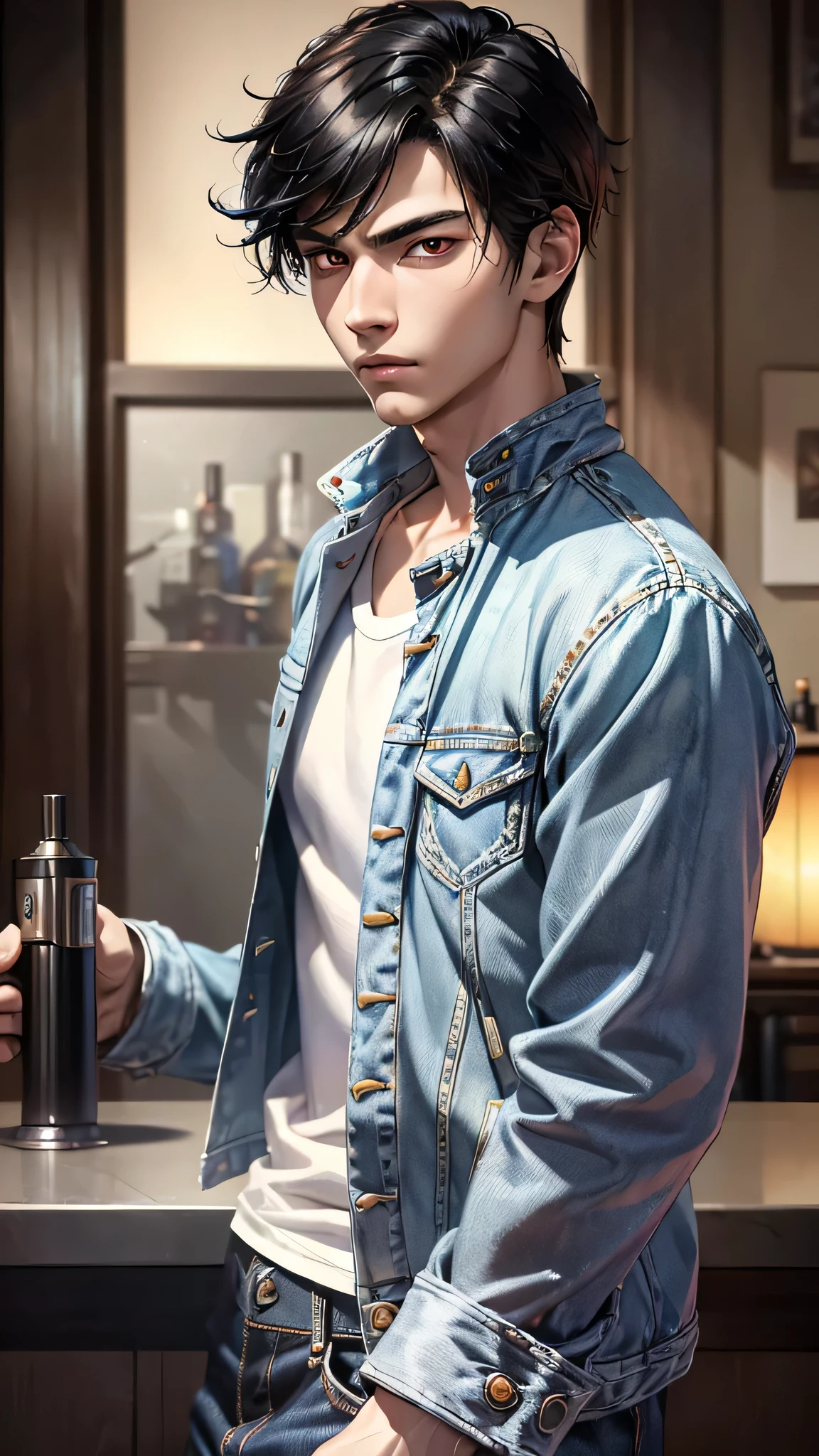 最high quality、Best image quality、masterpiece、male((18-year-old、slender、Stubble、Holding a gun、White shirt、Red eyes、Cool hairstyle、Black Hair、Fighting Pose、Black rider jacket、Blue denim trousers))high quality、Beautiful art、background((rundown bar)),Tabletop、Exquisite design、Visual Arts、Written boundary depth、Best lighting、Highest detail、8k