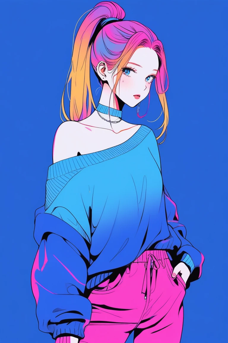 Illustrator, anime , Realistic ,sketch , 1 person, ,lip, Off-the-shoulder sweater, whole body, order, Blue gradient background, Neon colored long ponytail hair,(((There'The black cat on my shoulder))), Texture Trim, Canadian, (masterpiece,Highest quality)