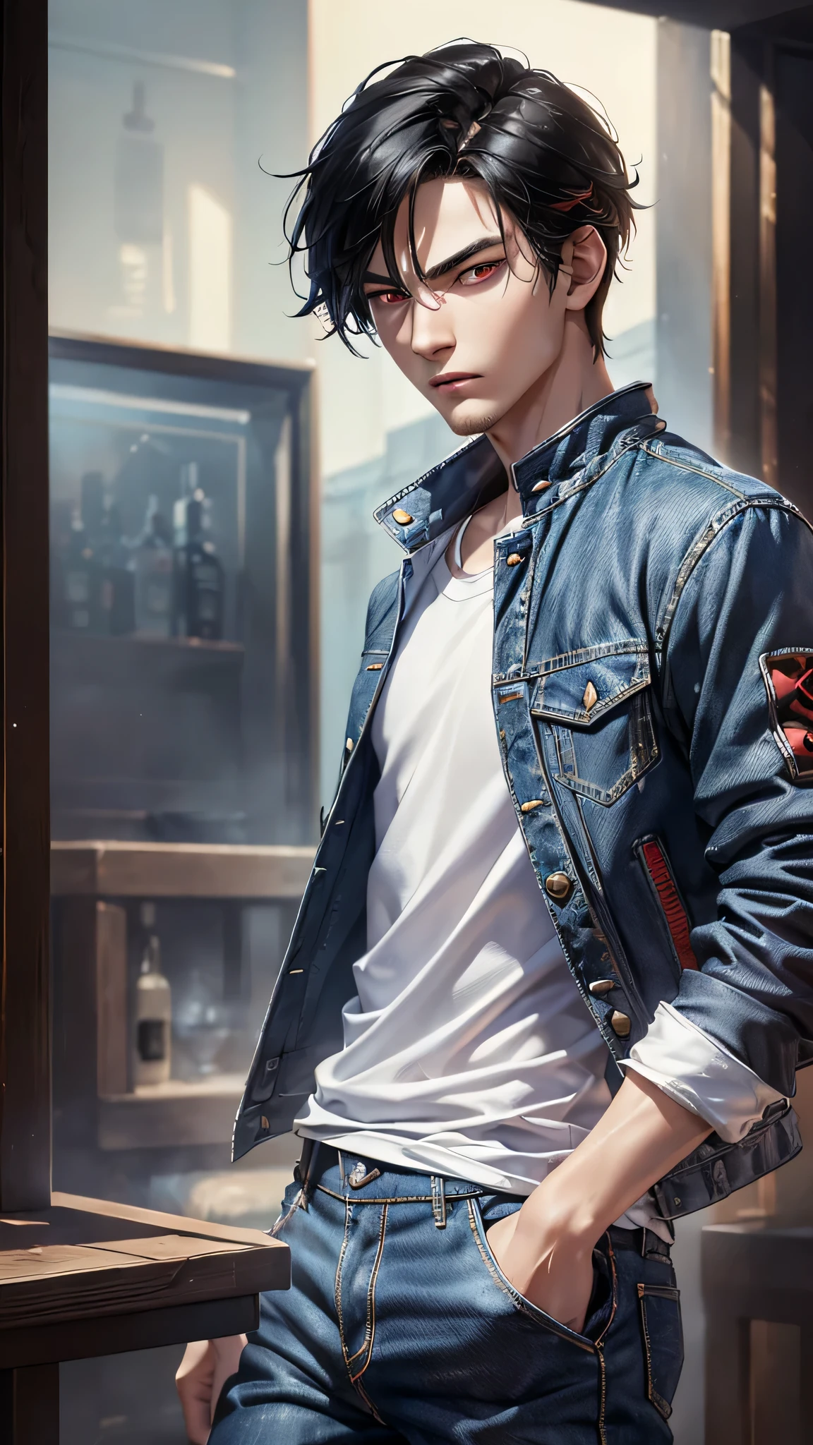 最high quality、Best image quality、masterpiece、male((18-year-old、slender、Stubble、Holding a gun、White shirt、Red eyes、Cool hairstyle、Black Hair、Fighting Pose、Black rider jacket、Blue denim trousers))high quality、Beautiful art、background((rundown bar)),Tabletop、Exquisite design、Visual Arts、Written boundary depth、Best lighting、Highest detail、8k