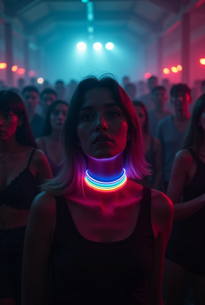 Make a movie Poster about 500 people trap in a psychological killing game and the character had a glowing rainbow choker on there neck with glowing rainbow lighting in the background