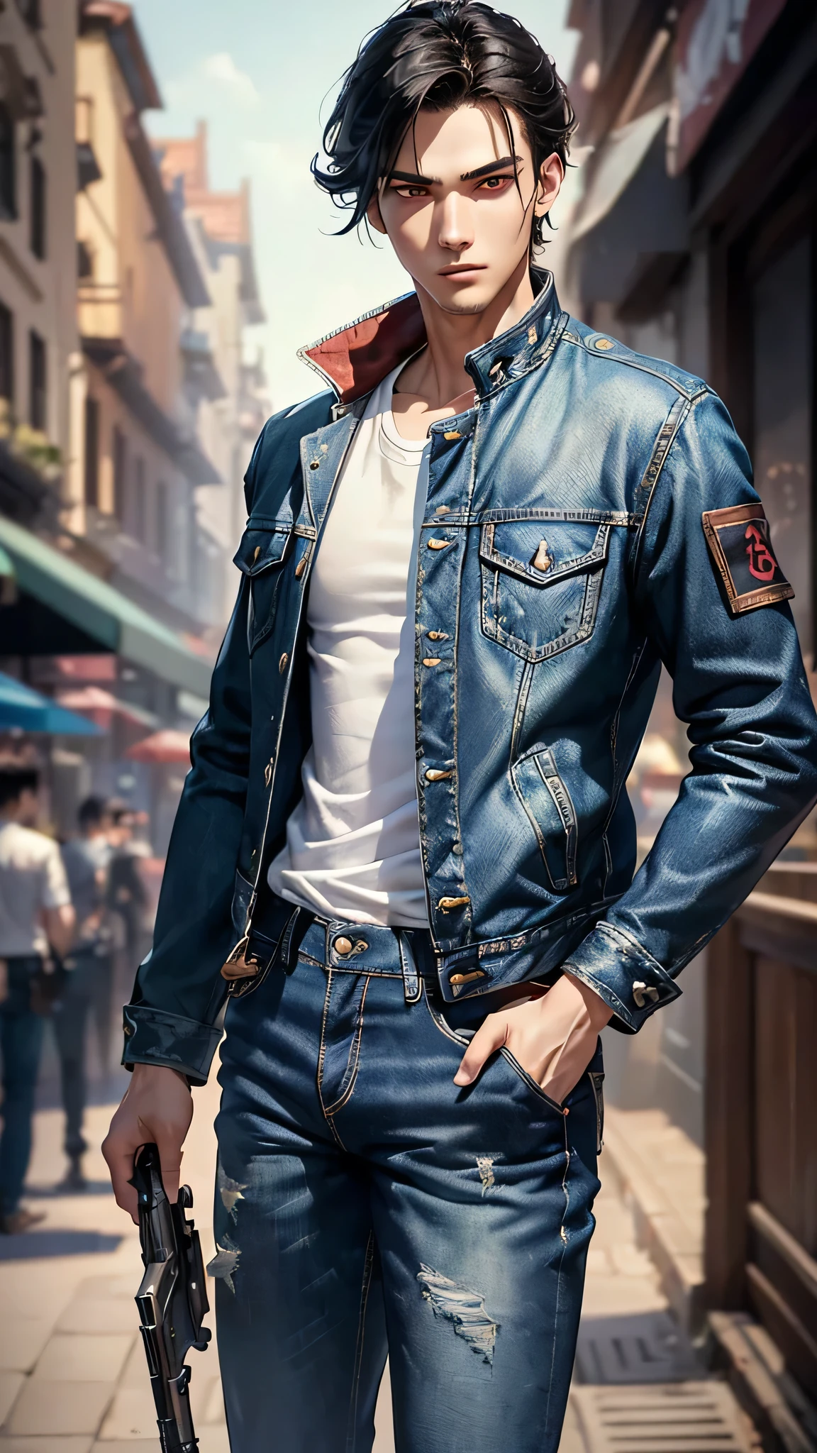 最high quality、Best image quality、masterpiece、male((18-year-old、slender、Stubble、Holding a gun、White shirt、Red eyes、Cool hairstyle、Black Hair、Fighting Pose、Black rider jacket、Blue denim trousers))high quality、Beautiful art、background((rundown bar)),Tabletop、Exquisite design、Visual Arts、Written boundary depth、Best lighting、Highest detail、8k